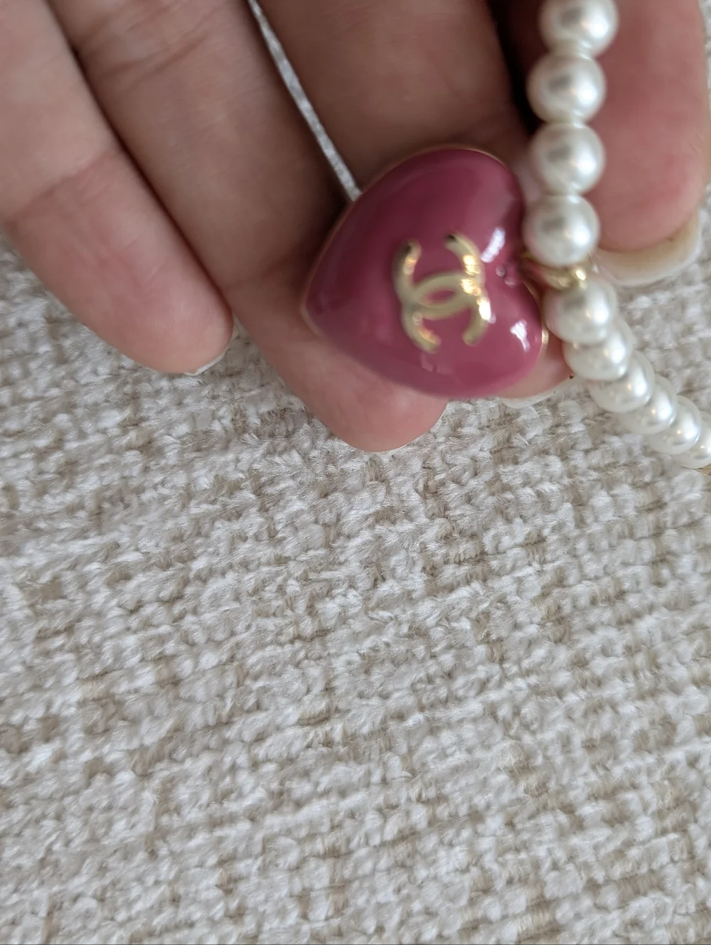 CHANEL Gold-Chain Necklace with Pink Heart and Pearls
